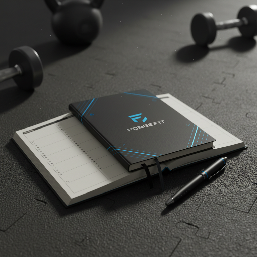 ForgeFit Workout Journal - premium black hardcover with electric blue accents